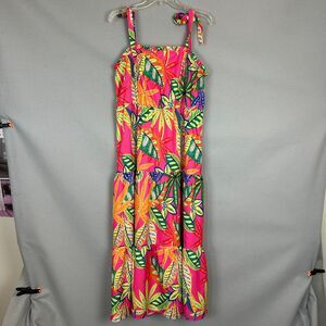 Womens 1XL Tropical Floral Maxi Dress Pink Green Tie Strap Tiered Plus Size